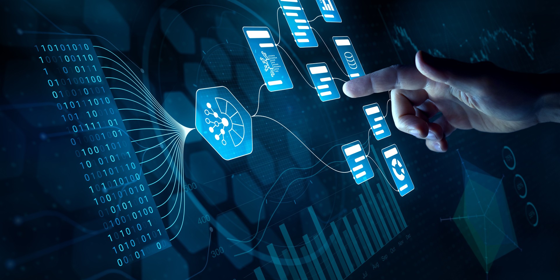 Flux de travail piloté par l’IA, automatisation de l’analyse de la gestion des données et des rapports d’activité avec des indicateurs clés de performance, des informations prédictives et l’intégration du Big Data. Homme d’affaires touchant